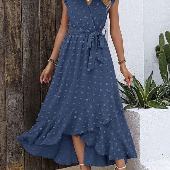 Women V Neck Summer Dress 2025 Cap Sleeve Swiss Dot Boho Flowy Ruffle Slit Beach - Picture 3 of 6